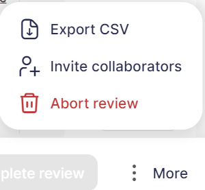 Export CSV, Invite collaborators, Abort review